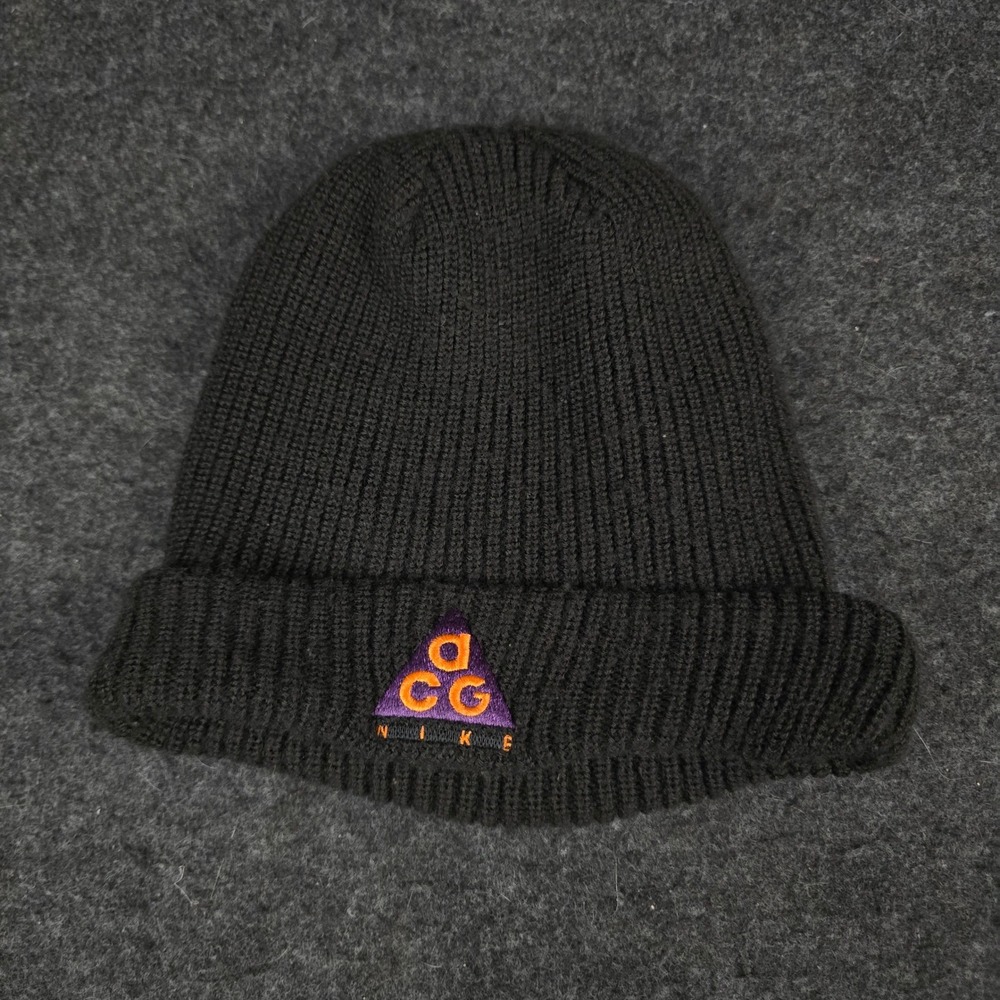 Nike ACG Fisherman Beanie Black Ribbed Knit Wool Blend Hat Triangle Logo OS